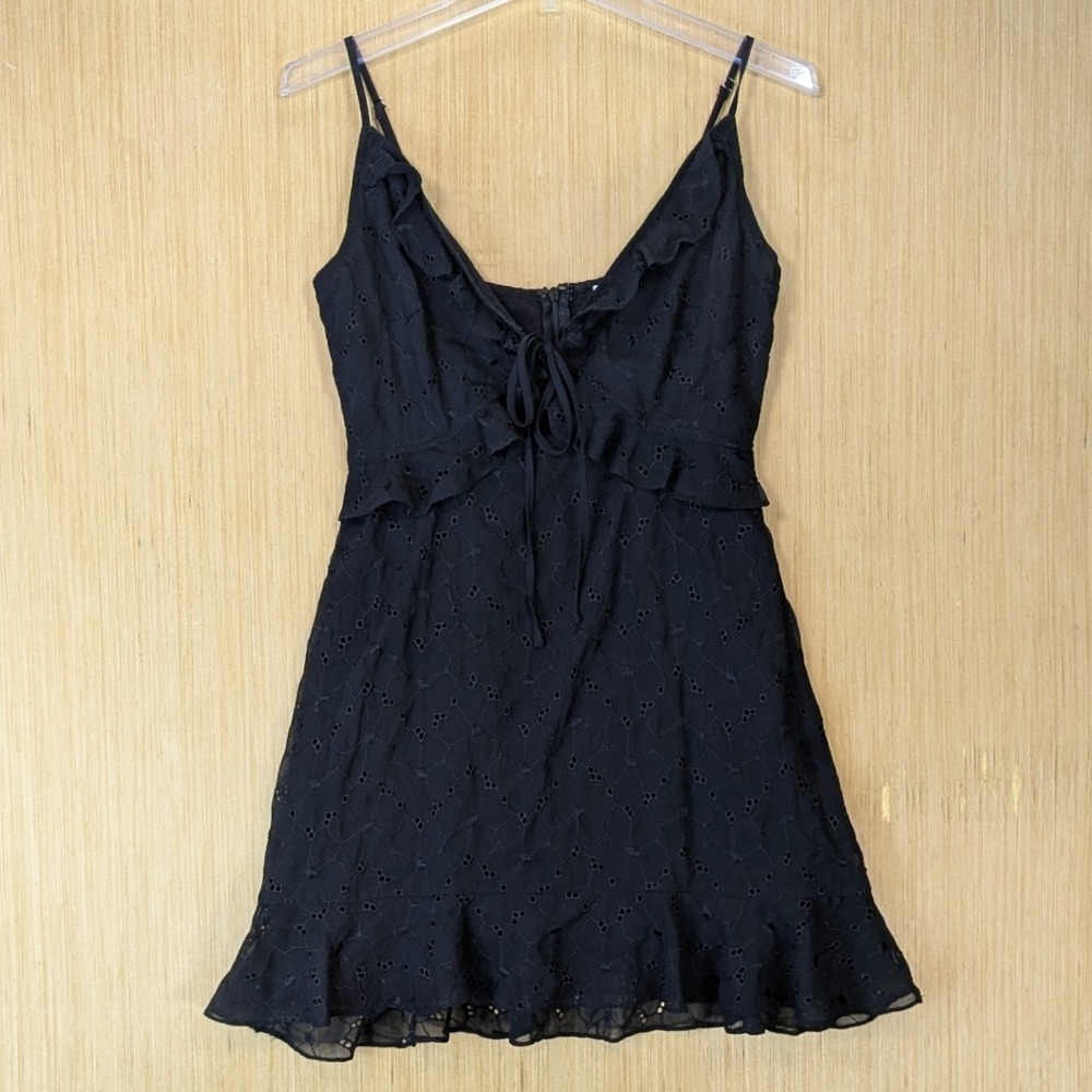 The Impeccable Pig Boho Dark Romantic Eyelet Ruffle Mini Dress M Black Cotton